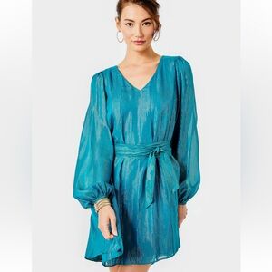 Lilly Pulitzer Teal Shimmer Metallic Belted Long Sleeve Dress Size XL  NEW